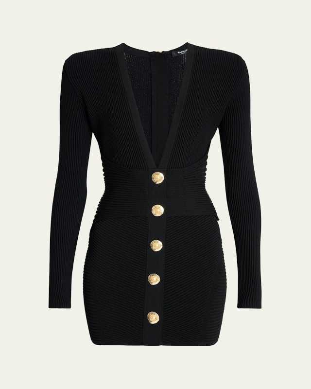 Buttoned Plunging Rib Knit Mini Dress